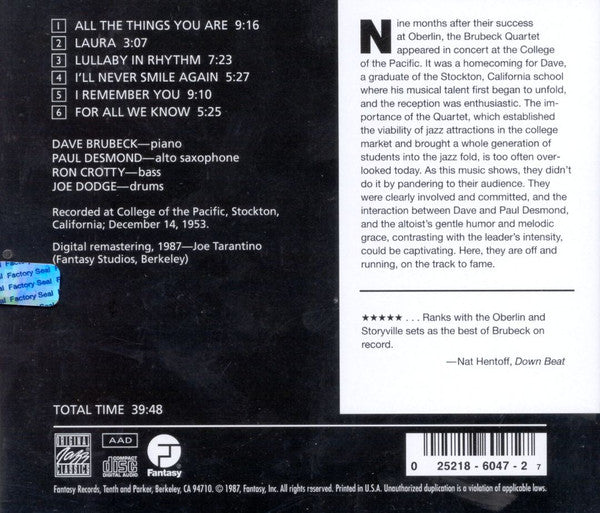 CD - CD DAVE BRUBECK Quartet, Featuring Paul Desmond, Featuring Ron Crotty, Featuring Joe Dodge - Jazz At The College Of The Pacific