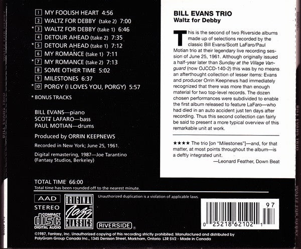CD Bill Evans Trio – Waltz For Debby