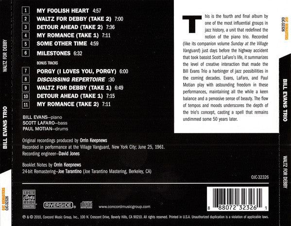 CD Bill Evans Trio With Scott LaFaro, Paul Motian – Waltz For Debby