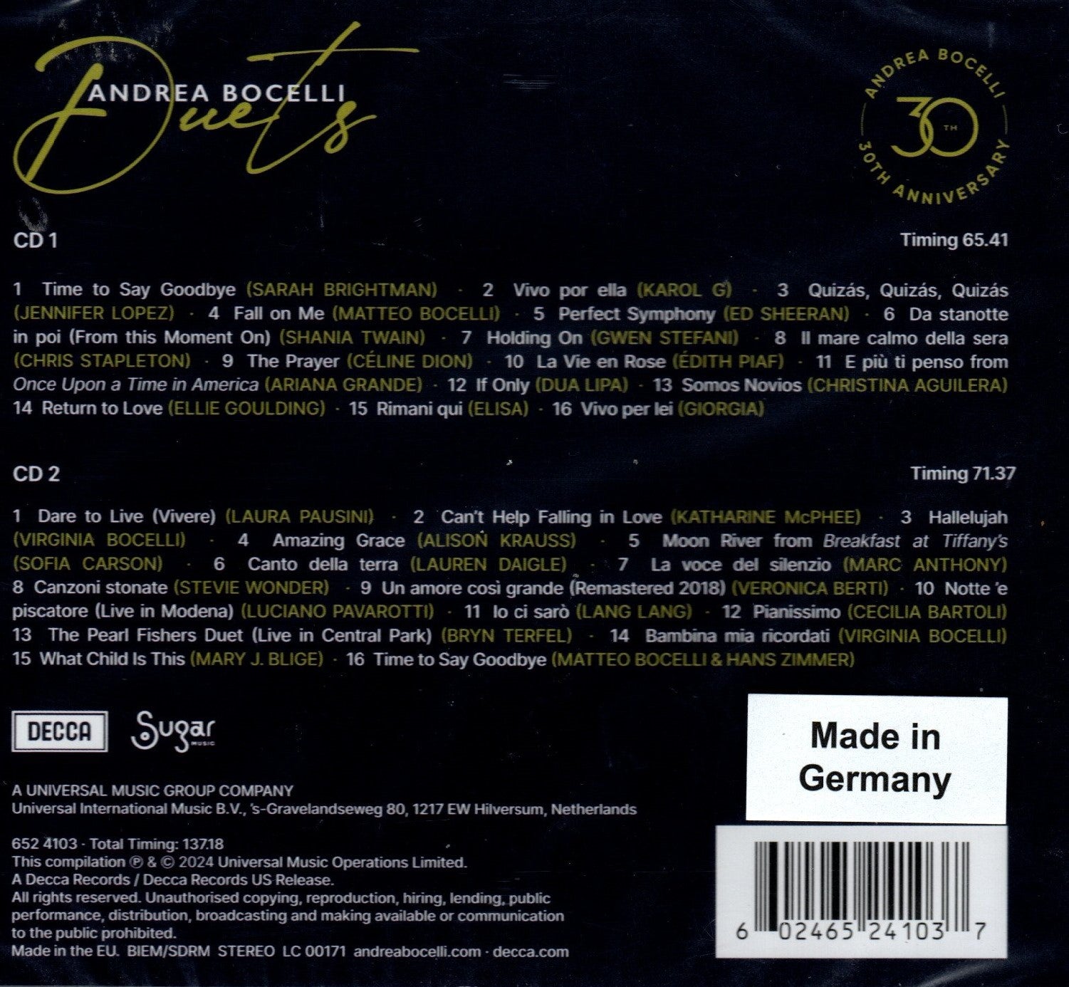 CD - Andrea Bocelli – Duets – 30th Anniversary