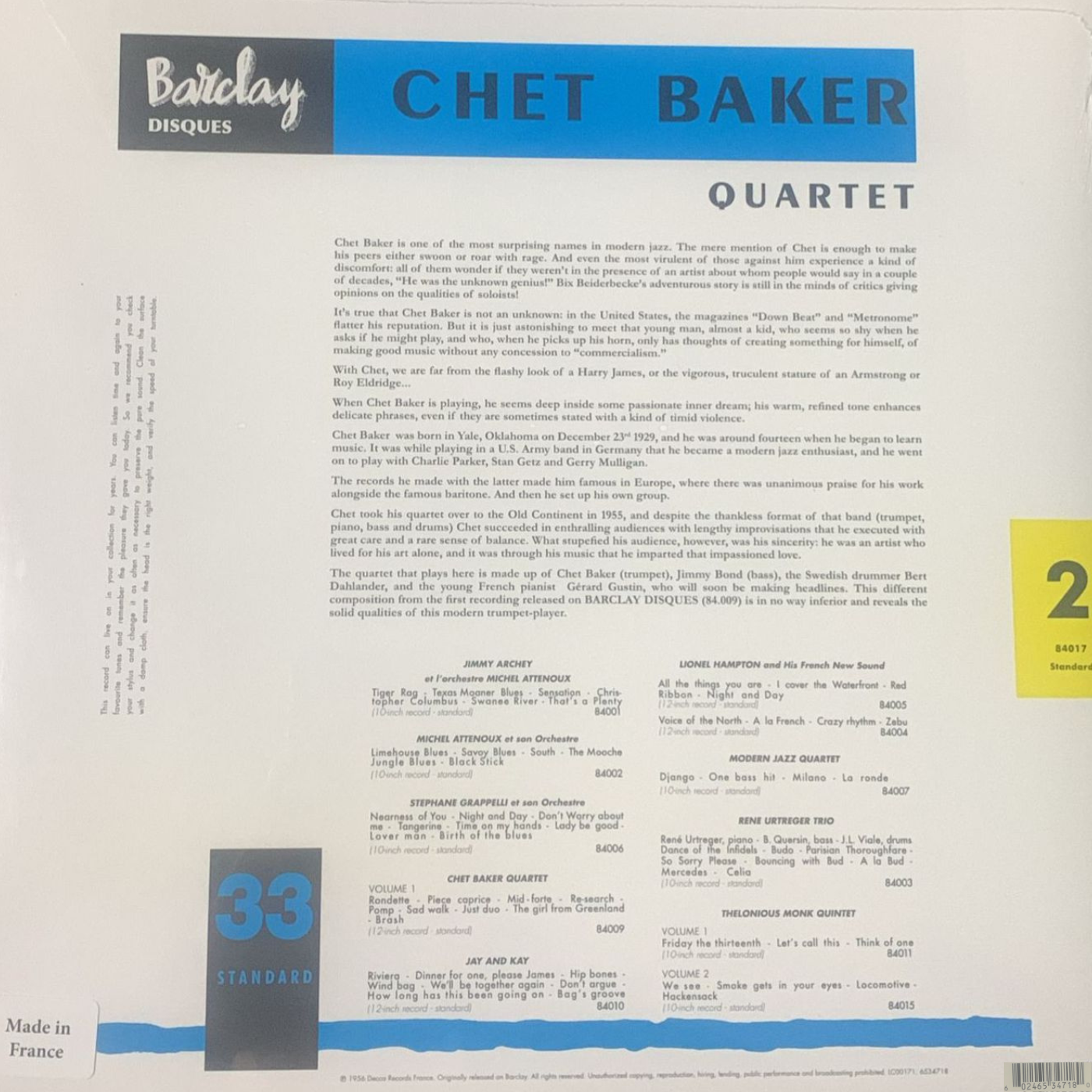 LP Chet Baker Quartet - In Paris Vol 2