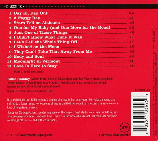 CD Billie Holiday – Songs For Distingué Lovers