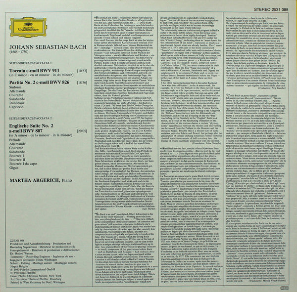 LP Johann Sebastian Bach, Martha Argerich – Toccata BWV 911 • Partita BWV 826 • Englische Suite No.2 BWV 807