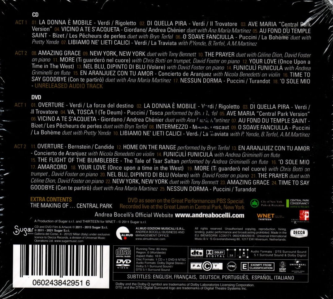 CD + DVD Andrea Bocelli - Concierto One Night in Central Park