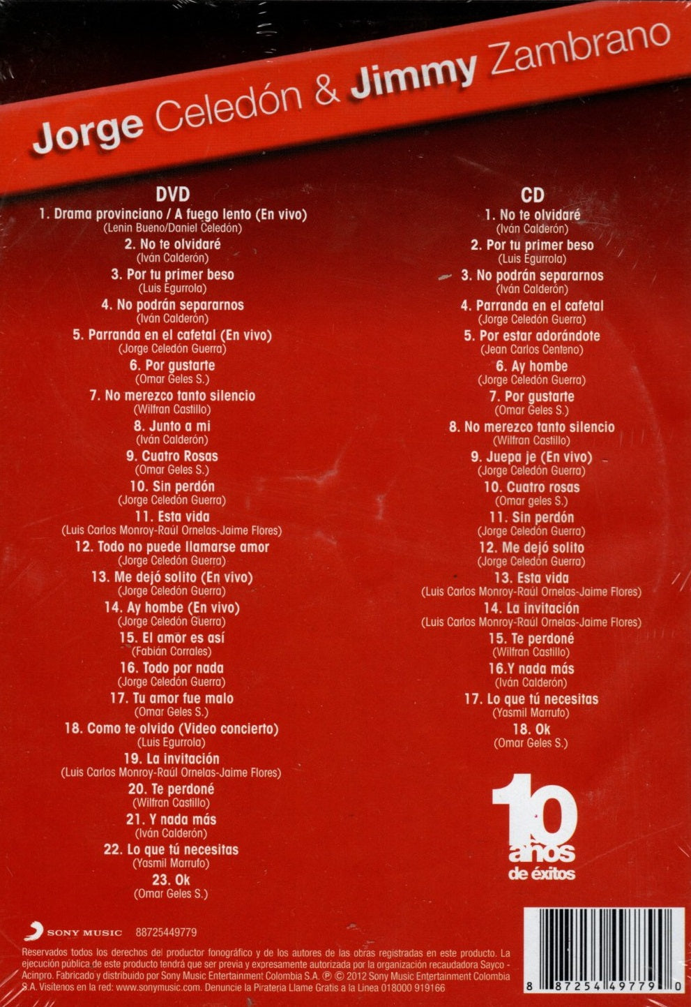 DVD+CD 10 Años De Éxitos - Jorge Celedón Y Jimmy Zambrano