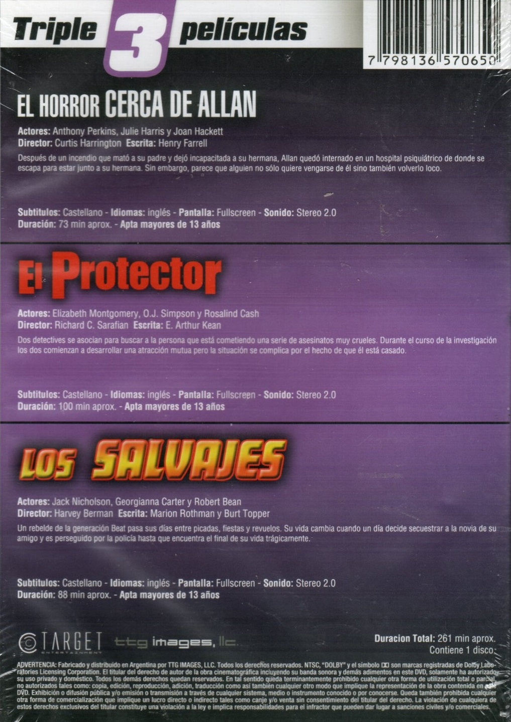DVD Triple Películas - El Horror Cerca De Allan/El Protector/Los Salvajes