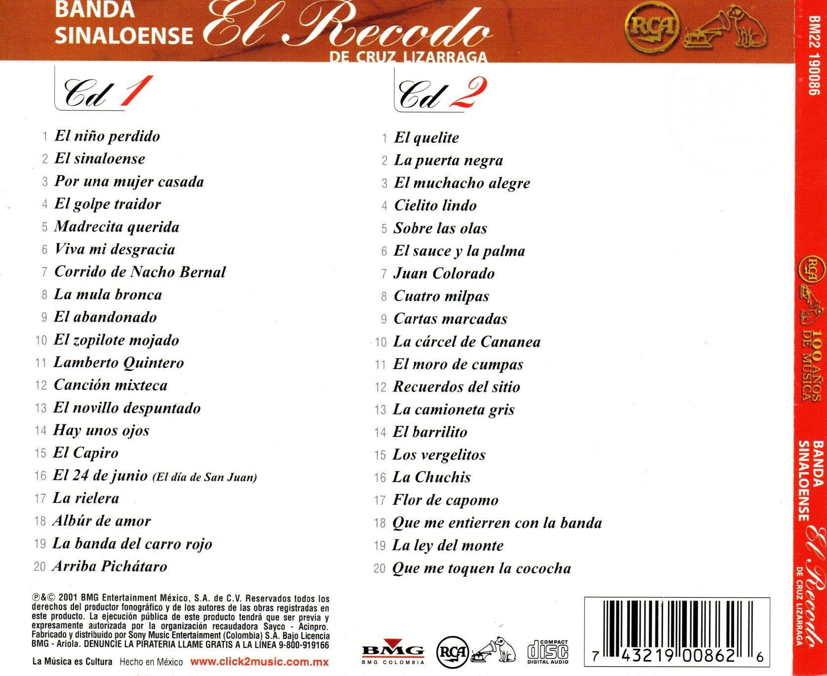 CD x2 RCA 100 AÑOS MUSICA BANDA SINALOENSE El recodo de la cruz lizarraga