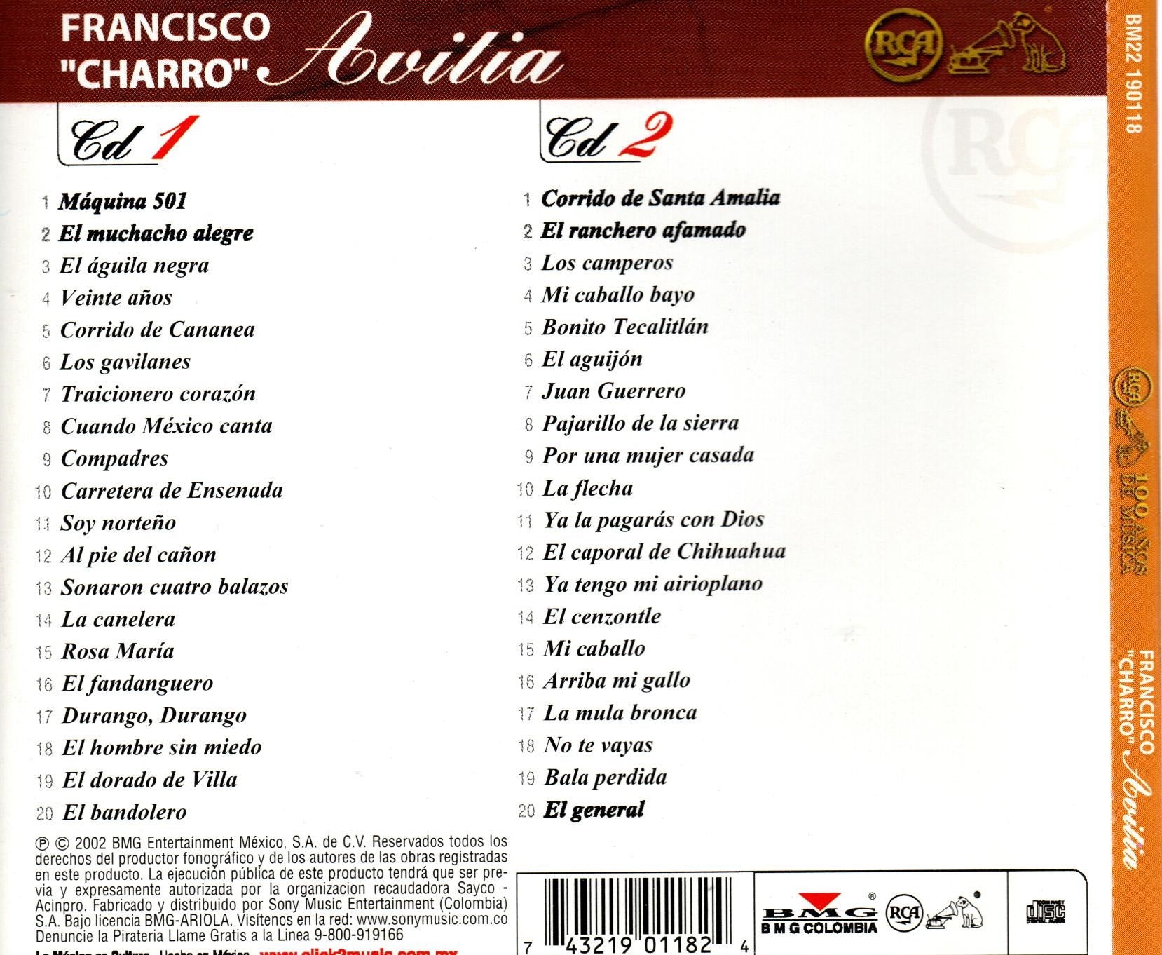 CD x2 RCA 100 AÑOS MUSICA FRANCISCO "Charro" Avitia