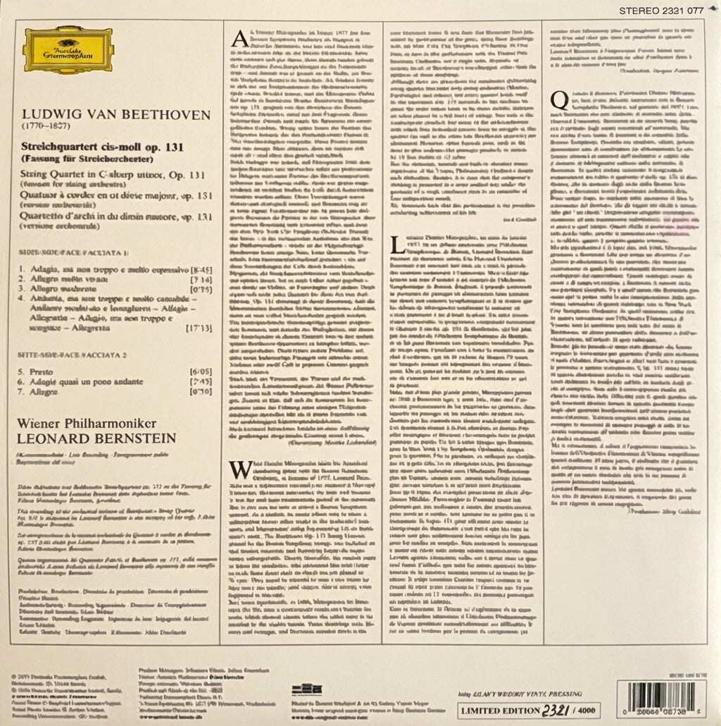 LP Ludwig van Beethoven, Wiener Philharmoniker, Leonard Bernstein – Streichquartett = String Quartet, Op. 131