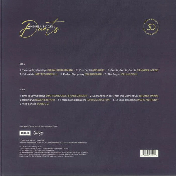 LP Andrea Bocelli – Duets – 30th Anniversary (The Highlights)
