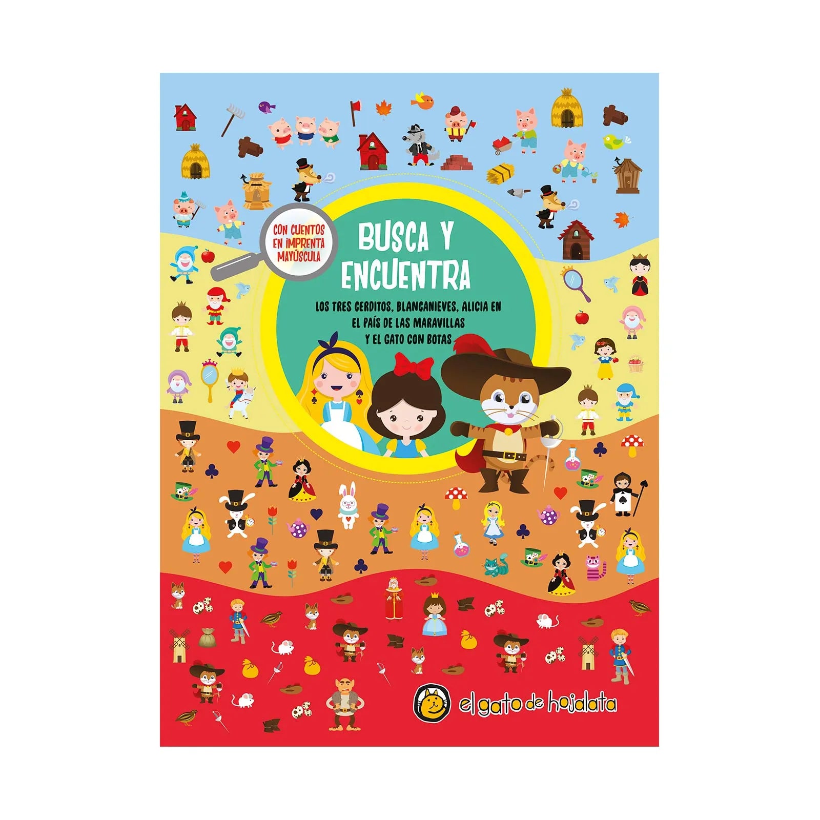 Libro Busca y Encuentra -Los 3 Cerditos, Blancanieves, Alicia en el Pais de las Maravillas, El Gato con Botas