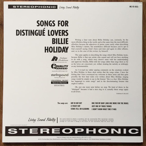 LP Billie Holiday ‎– Songs For Distingué Lovers