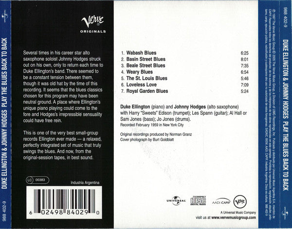CD Duke Ellington & Johnny Hodges ‎– Back To Back (Duke Ellington And Johnny Hodges Play The Blues)