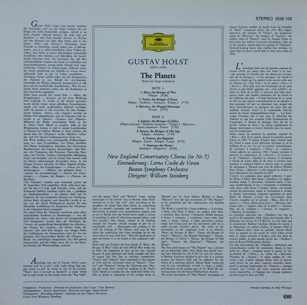 LP Gustav Holst • William Steinberg • Boston Symphony Orchestra ‎– Die Planeten = The Planets