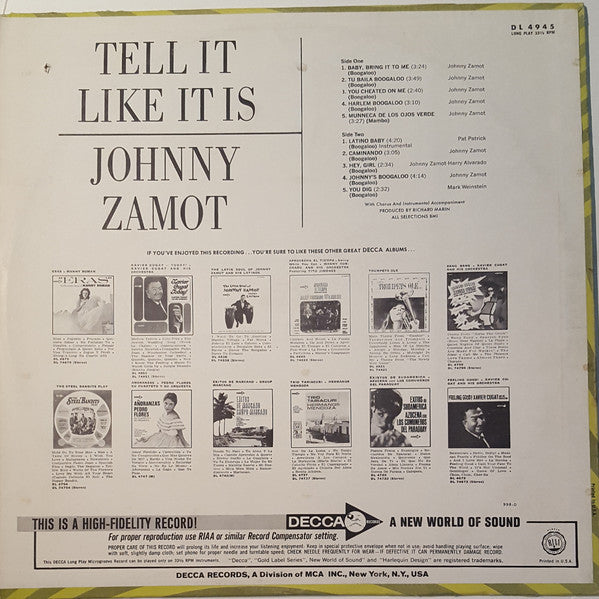 LP Johnny Zamot ‎– Tell It Like It Is