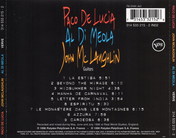 CD Paco De Lucía, Al Di Meola, John McLaughlin ‎– The Guitar Trio