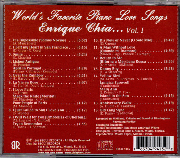 CD Enrique Chia ‎– World's Favorite Piano Love Songs  Vol. I
