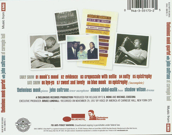 CD Thelonious Monk Quartet* With John Coltrane ‎– At Carnegie Hall