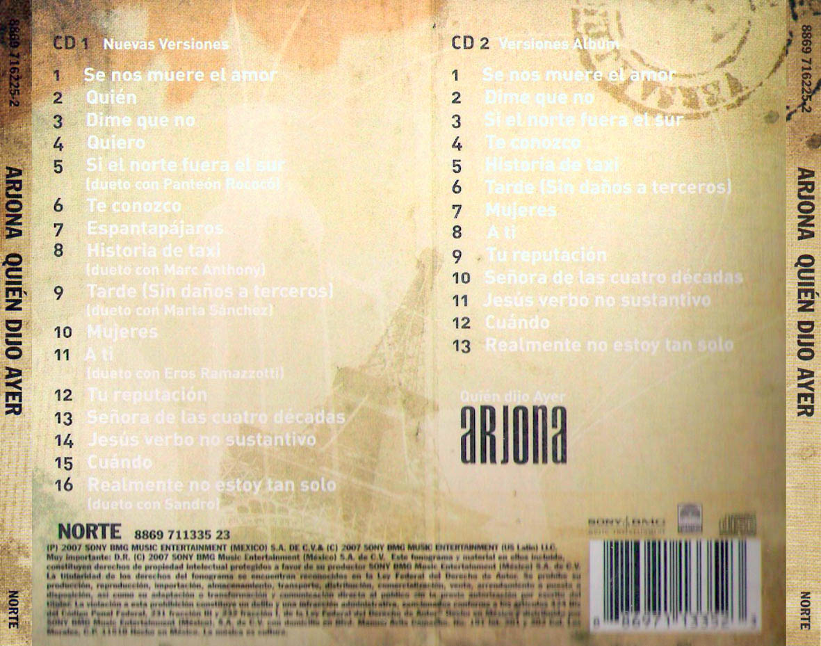 CD x 2 Ricardo Arjona ·  Quien dijo ayer