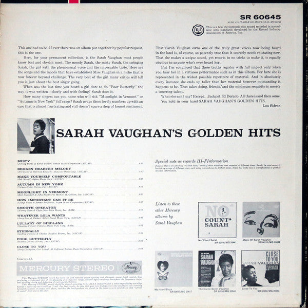 LP Sarah Vaughan ‎– Sarah Vaughan's Golden Hits