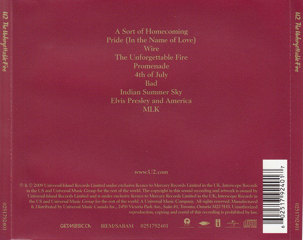 CD U2 ‎– The Unforgettable Fire