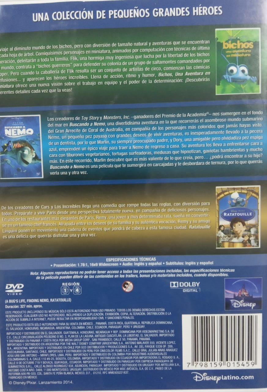 DVD x3 Colección de películas Disney Pixar - Bichos - Buscando a Nemo - Ratatouille