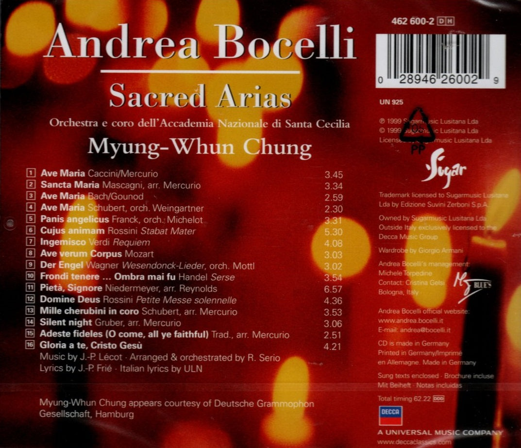 CD Andrea Bocelli, Orchestra E Coro dell'Accademia Nazionale di Santa Cecilia, Myung-Whun Chung ‎– Sacred Arias
