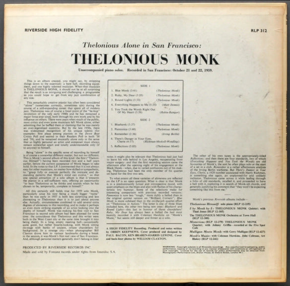 LP Thelonious Monk ‎– Thelonious Alone In San Francisco